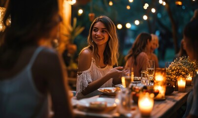 A young woman warmly welcomes guests to her dinner party, embodying candid hospitality. The atmosphere is filled with social celebration as friends gather to enjoy a special, Generative AI
