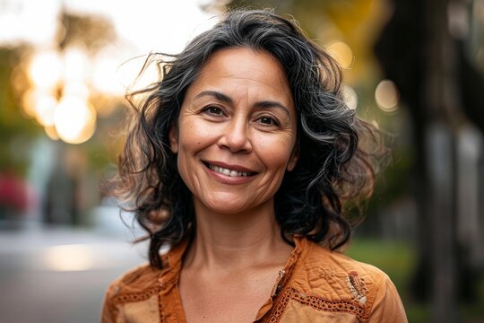 Portrait of a confident, smiling middle-aged Hispanic woman in her 40s or 50s, radiating positivity outdoors, showcasing Latin American pride, Generative AI