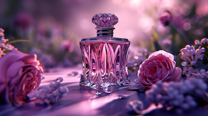 luxury glass or crystal perfume bottle with a rose cap, generative ai - obrazy, fototapety, plakaty