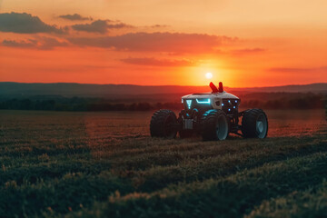 Autonomous Tractor Farming at Sunset