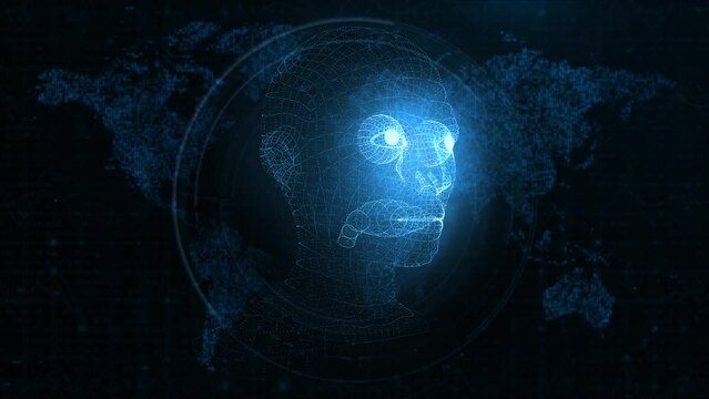 3D Human Head with Rotating Brain: Artificial Intelligence and Global Connectivity Concept