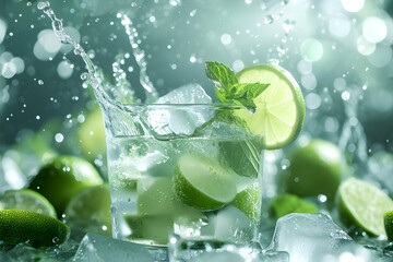 Glass of Mojito with ice cubes, lime fruit, realistic water splash and mint leaves