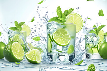 Glass of Mojito with ice cubes, lime fruit, realistic water splash and mint leaves