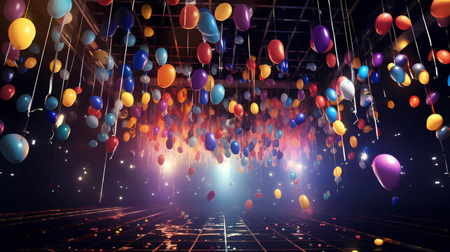 A number of balloons are hanging from a ceiling with streamers and streamers of lights around them and a number of balloons are hanging from the ceiling