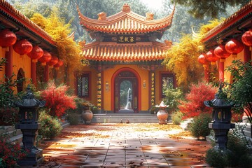 Fall Foliage and Asian Architecture: A Blend of Tradition and Modernity Generative AI