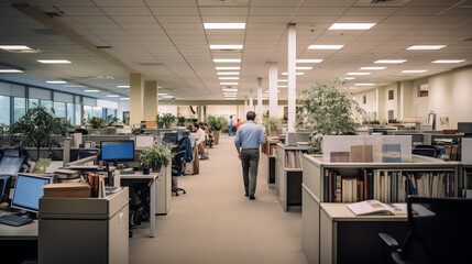 Office space in USA with a lot of people working inside during rush hours