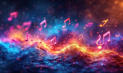 Abstract colorful musical background with notes, instruments. - obrazy, fototapety, plakaty