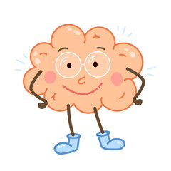 Brain character cartoon style illustration. Smart and happy brain mascot vector illustration.