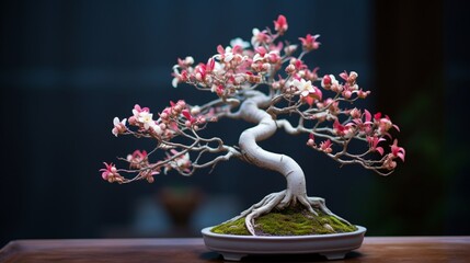 A close-up shot of the intricate branch structure of a Dogwood Bonsai (Cornus spp.) against a blurred background, showcasing the delicate leaves and blossoms.