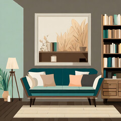 Furniture- sofa, bookcase, picture. Living room interior.Flat style vector illustration. Generative AI.
