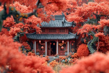 Chinese New Year Celebration in a Red House Generative AI