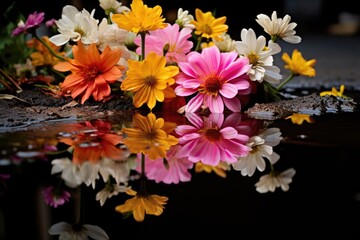 Puddle Reflections: Capture flowers with colorful reflections in rain puddles.