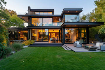 A contemporary home with a large glass front, lawn and a patio - obrazy, fototapety, plakaty
