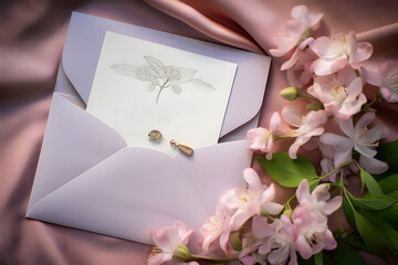Wedding invitation with flowers on a pink background