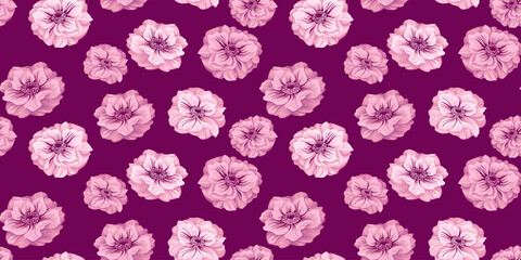 Chic burgundy floral seamless pattern. Abstract artistic stylized flowers Ranunculus, Trollius Asiatic us background. Vector drawn illustration. Template for textile, fashion, printing, fabric