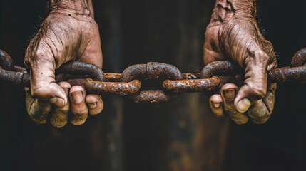 Photo two male hands holding a rusty metal chain