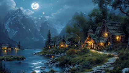 A Nighttime Moonlit Walk in the Mountains Generative AI