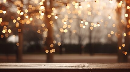 Empty wood tabletop with fairy lights hanging on tree in night garden, bokeh light background - Powered by Adobe
