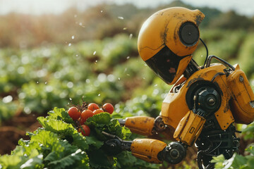 Yellow robot harvesting radishes in sunlight.