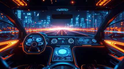 Technology of car dashboard autonomous futuristic view graphical user interface, futuristic model auto, smart auto car with ai, Internet of Things, at night