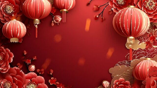Lunar New Year with gold particles and sparkling, bright stars on crimson backgrounds.
