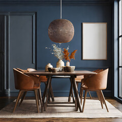 Home mockup, modern dark blue dining room interior with brown leather chairs, wooden table. Generative AI.