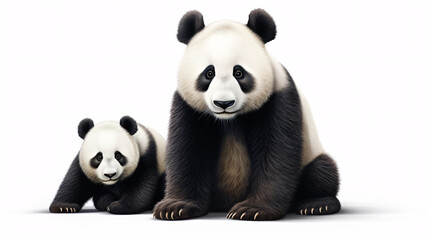 Two giant panda sitting isolated on white background.