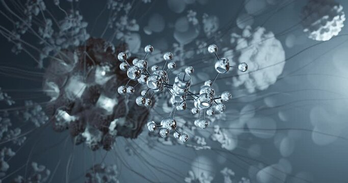 Mesterolone, rotating 3D model of proviron, seamless looped video, molecular structure with selective focus