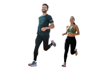 A couple of runners running in sports clothes, comfortable for the workout. The background is isolated and transparent.