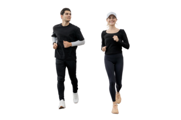 A couple of runners, friends, running in sports-related clothing. Isolated on a transparent background.