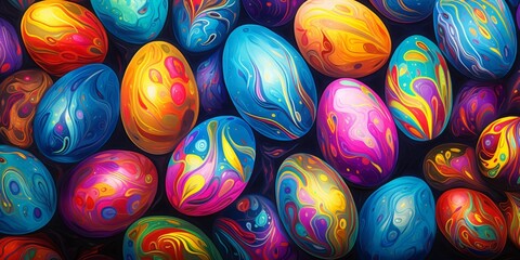 Obraz premium Easter eggs as background, close-up. colorful chicken eggs. vibrant color. view from above. illustration.