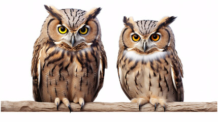 Owl couple isolated on a white background. Front view.