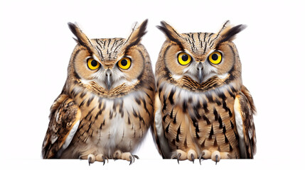 Owl couple isolated on a white background. Front view.
