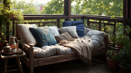 Cozy Balcony Setup with Plush Seating and Lush Greenery