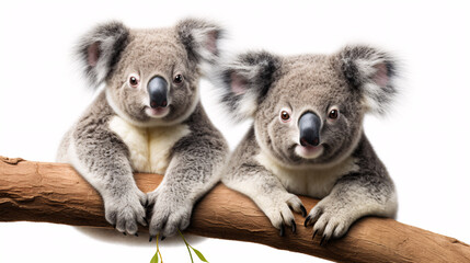 Two koala bears on a tree branch isolated on a white background