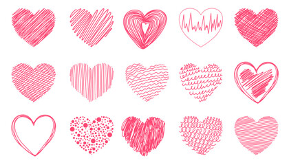 Pink heart set. Collection of heart icon hand drawn vector for love logo, heart symbol, doodle icon, greeting card and Valentine's day. Painted grunge vector shape - obrazy, fototapety, plakaty