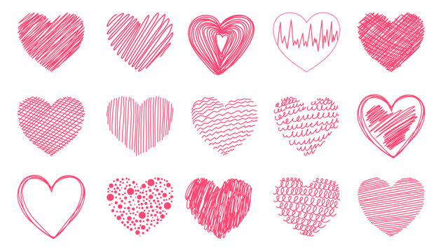 Pink heart set. Collection of heart icon hand drawn vector for love logo, heart symbol, doodle icon, greeting card and Valentine's day. Painted grunge vector shape
