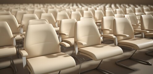 Naklejka premium Rows of light brown chairs in an empty room. generative AI