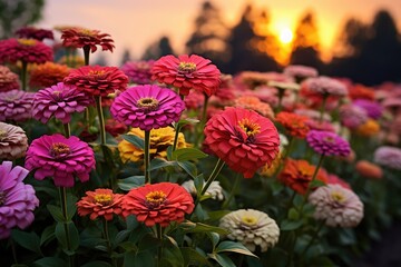 Zenith of Zinnias: Showcase the vibrant colors of zinnias against a twilight sky with bokeh lights. - obrazy, fototapety, plakaty