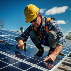 Candid photo of a solar power consultant expert on a roof installing solar panels, green energy and sustainable living, eco-friendly solutions. Generative AI