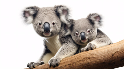 two koala bears on a branch isolated on a white background.