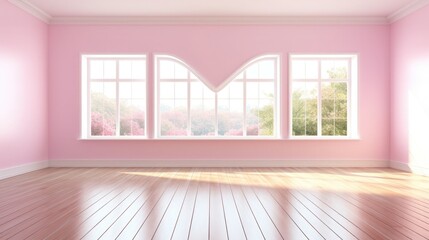 Soft pastel pink wall with panoramic windows, warm and romantic atmosphere, Valentine's Day, free space for text