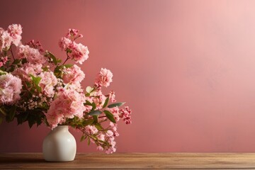 Soft pastel pink wall with potted flower, warm and romantic atmosphere, Valentine's Day, free space for text