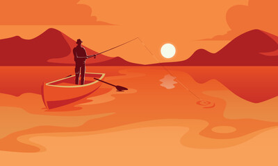 fishing with rod at sunrise, fishermen job lake, fisherman work boat, recent vector landscape illustration of fishing hobby