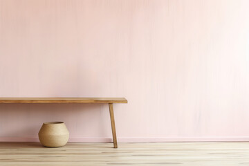 Soft pastel pink wall with bench and wicker basket, Valentine's Day, free space for text