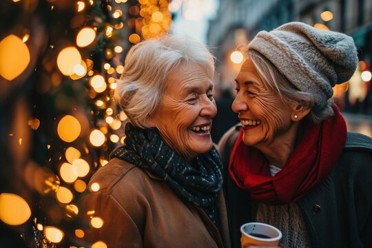 Vibrant seniors enjoying the festive season under glowing lights in a city street decorated for Christmas with genuine laughter and warmth of deep-rooted friendships, Generative AI