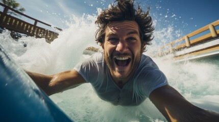 Close-up of a happy man riding a water slide in a water park. Summer, vacations, travel, recreation and entertainment concepts. - obrazy, fototapety, plakaty