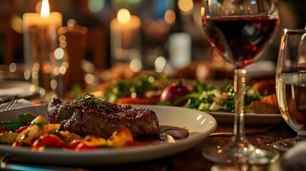A plate of food and a wine glass on a table, with a variety of food, a steak.