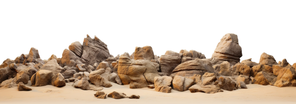 Varied rock formations arranged on a smooth sand surface, cut out