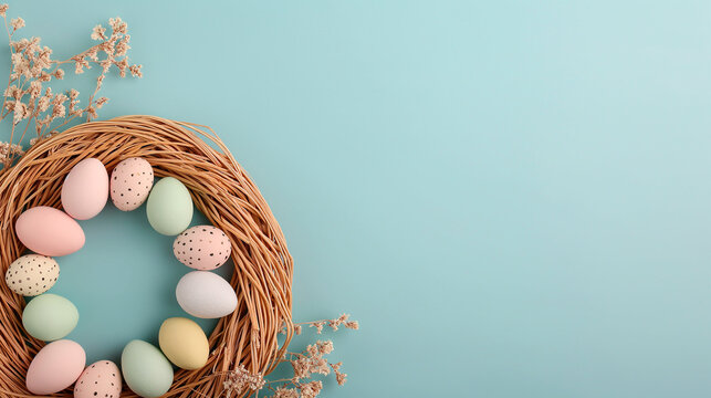 top view of spring Easter composition with pastel Easter eggs on a light blue background